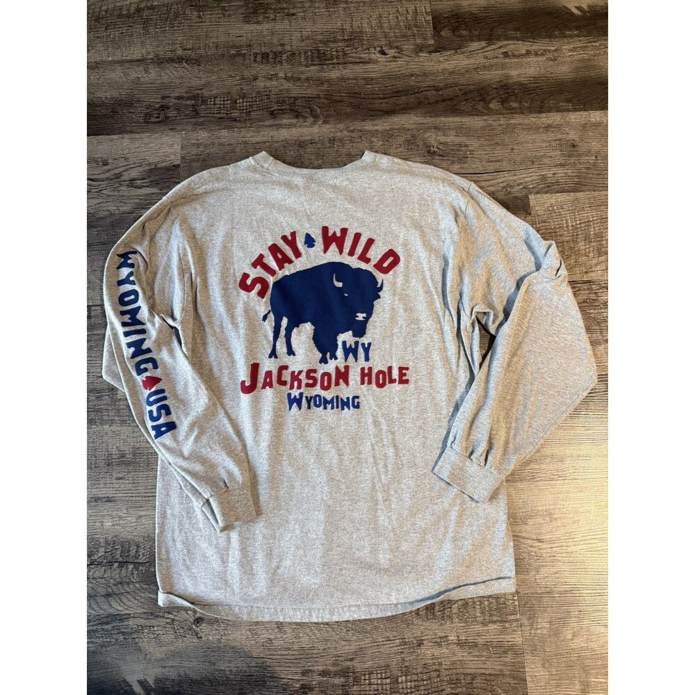 MV Sport Mens Large Gray Long Sleeve T-Shirt Stay Wild Jackson Hole Bison Tee